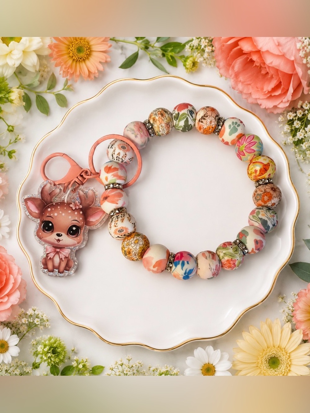 Hand Crafted Floral Beaded Wristlet Keychain - Pink, Peach, Cream with baby deer